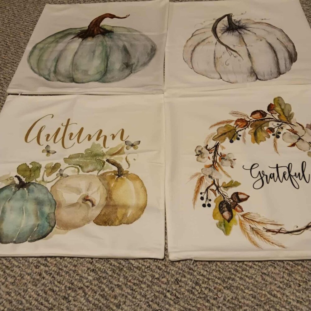 set of 4 fall white with pumpkin pillow covers 16" X 16"